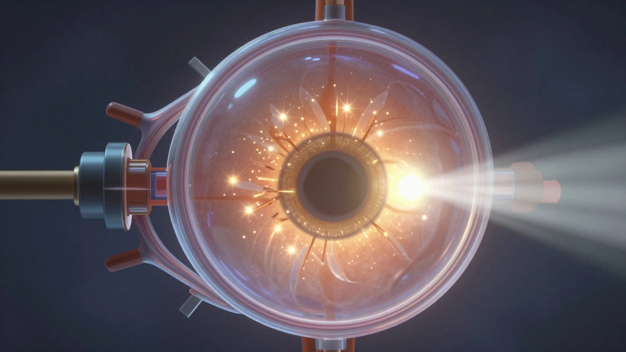 Анатомия здорового глаза как идеальная оптическая система: свет фокусируется точно на сетчатке, фоторецепторы светятся.