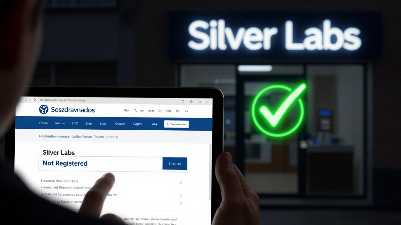 Человек проверяет статус лаборатории на сайте Росздравнадзора, на экране — статус 'Не зарегистрирован', рядом тусклый неоновый вывеска Silver Labs.