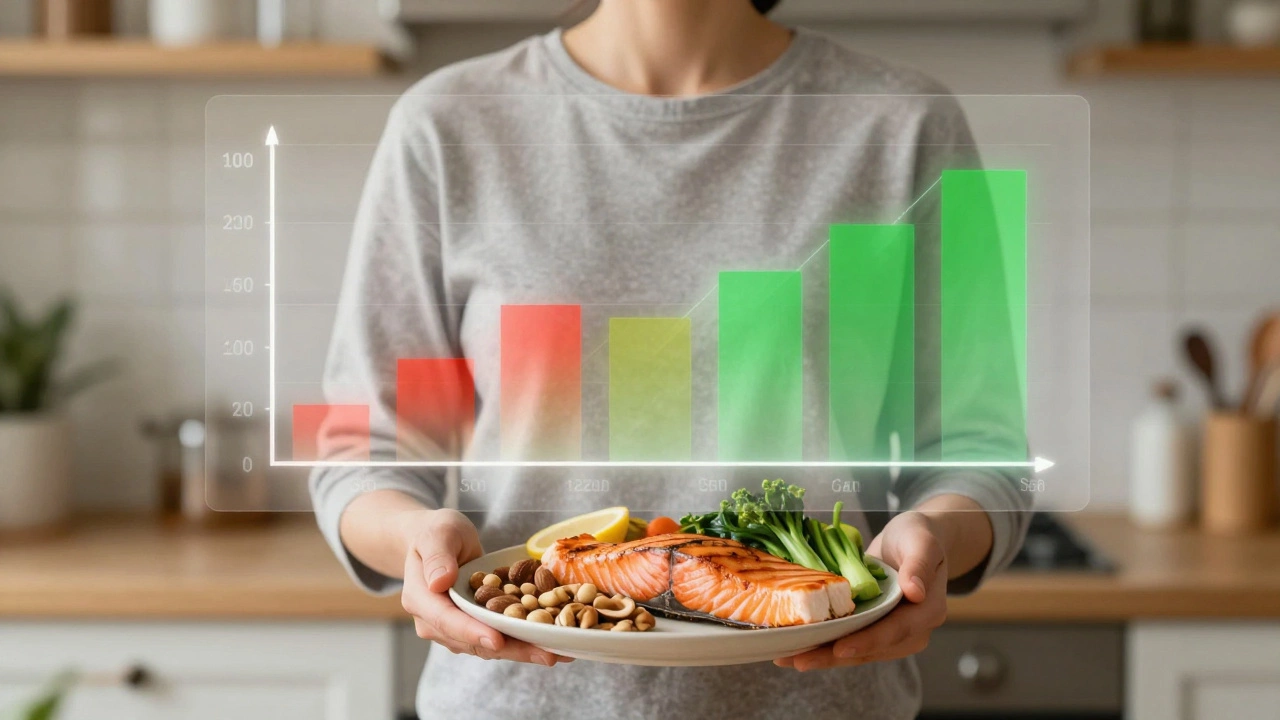 Человек с полезной едой на тарелке, фоном — меняющиеся липидные показатели от риска к норме.