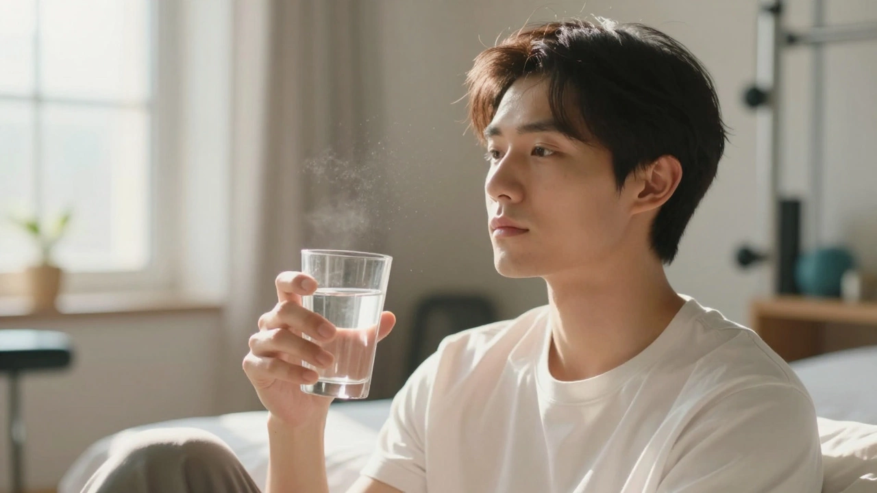 Человек сидит с водой на коленях в светлой комнате во время отдыха.