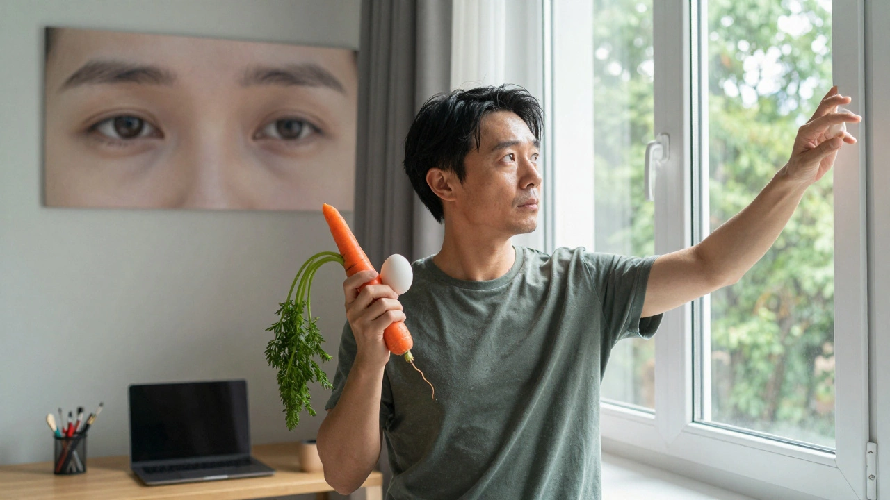 Человек смотрит в окно, держит морковь и яйцо, за ним — сравнение напряжённого и ясного зрения.