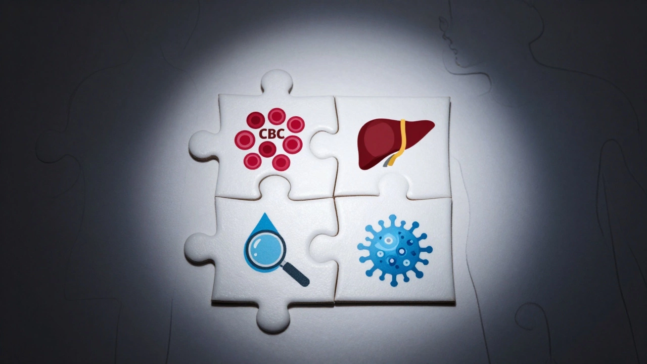 Четыре части пазла, соединяющиеся в силуэт человека, символизирующие диагностику.