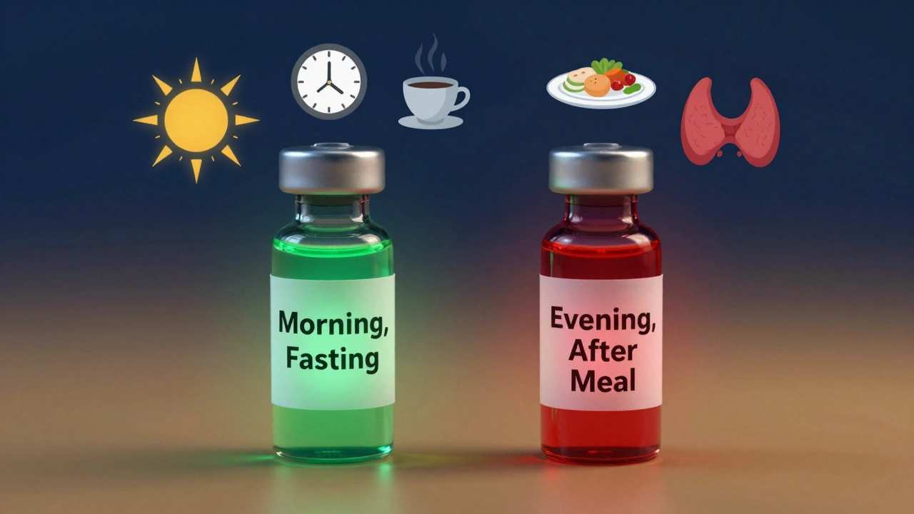 Два образца крови: один — утренний и точный, другой — вечерний и искажённый, рядом с символами питания и времени.