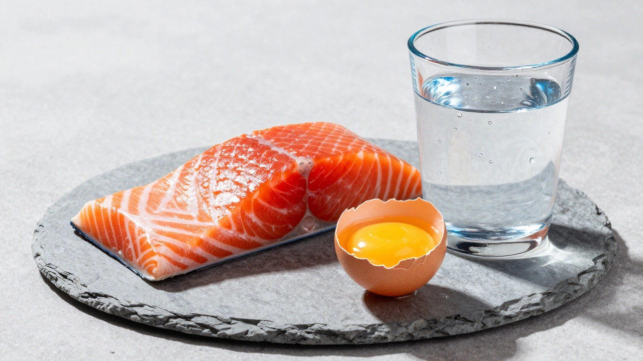 Филе лосося, яйцо и вода на камне как источники полезных веществ.