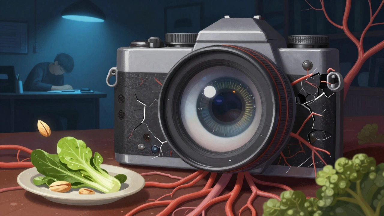 Глаз как камера с поврежденным датчиком, рядом — человек за экраном и полезные продукты.