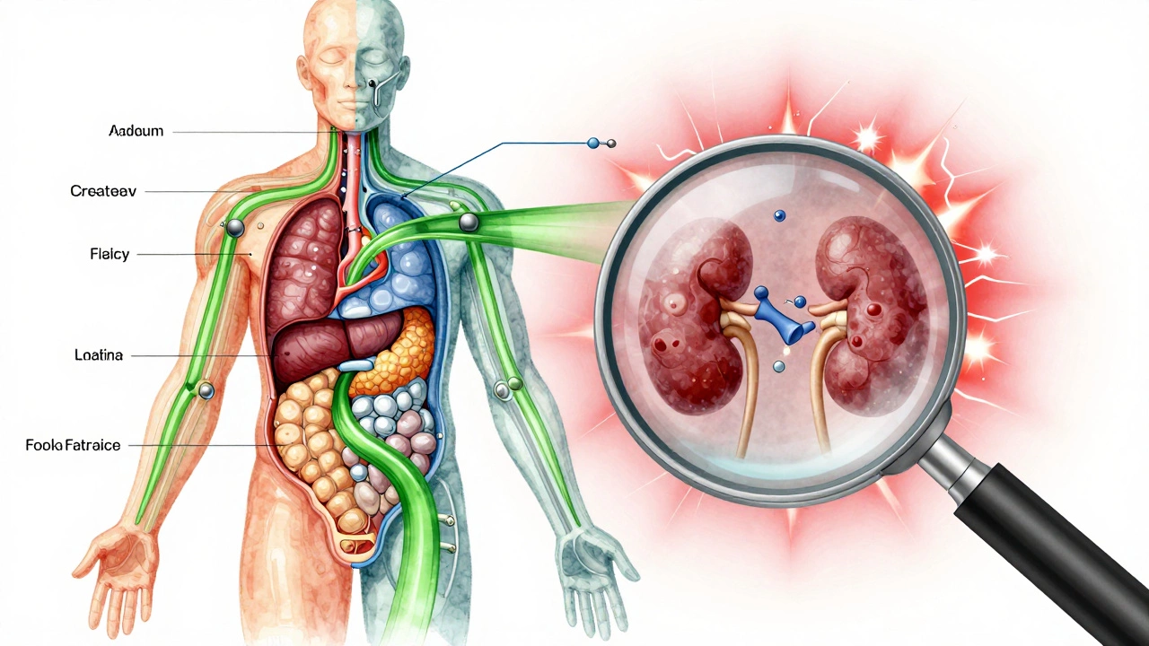 Концептуальная схема здорового и нарушенного метаболизма человека, с потоками энергии и предупреждающими сигналами вокруг органов.