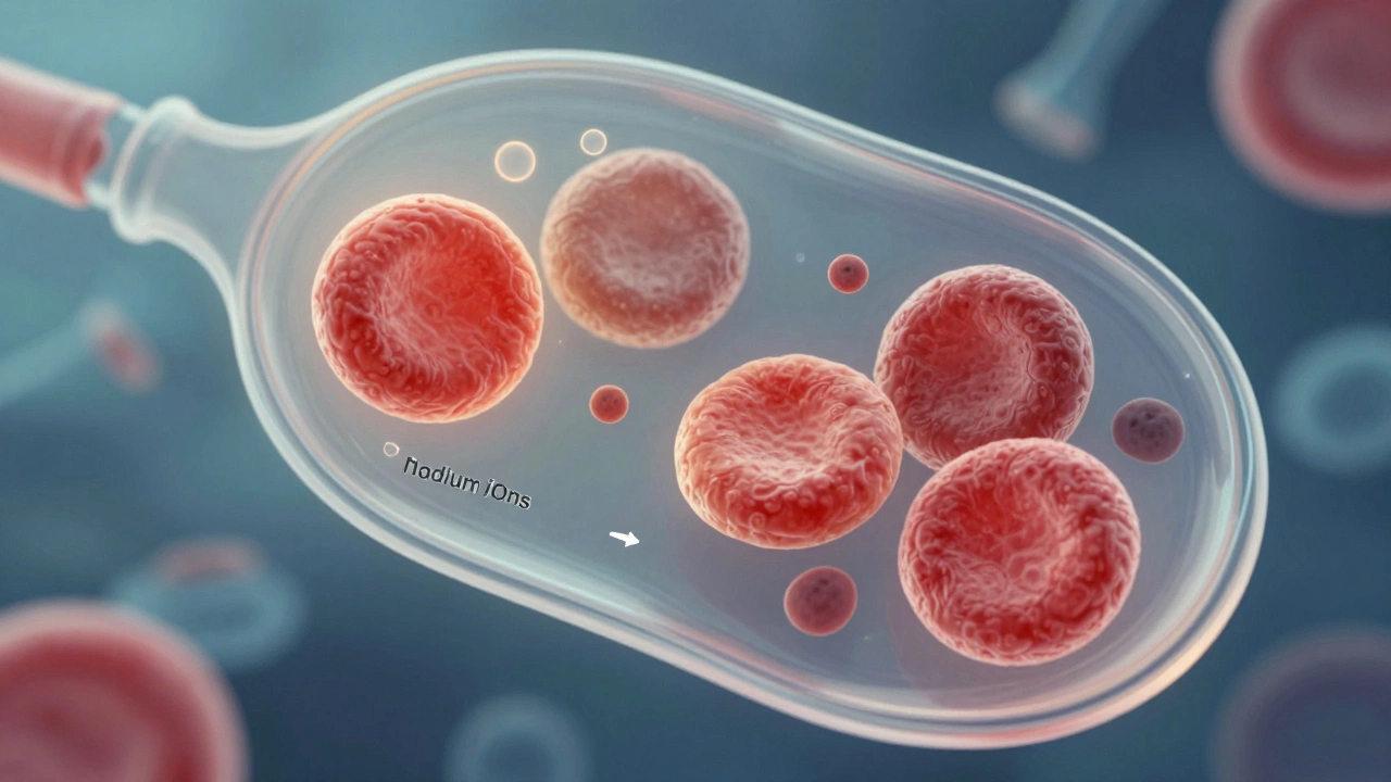 Микроскопический вид крови с изменёнными уровнями натрия, калия и кортизола в плазме, научная иллюстрация.