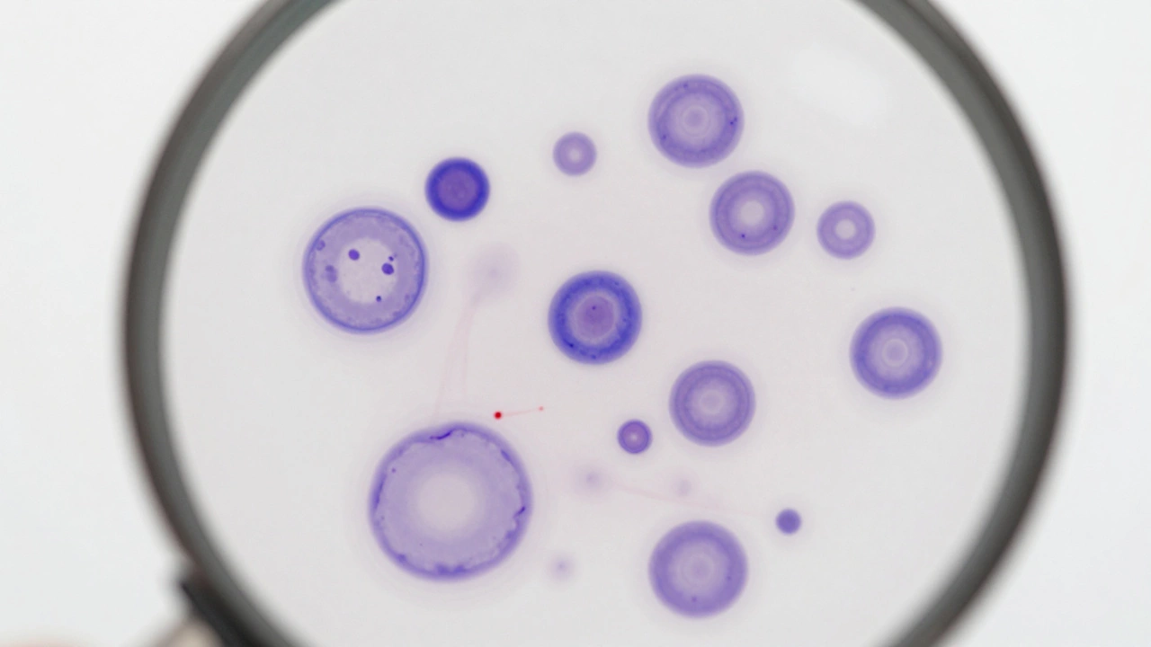 Микроскопический вид мазка крови с незрелыми бластами, выделяющимися на фоне нормальных клеток