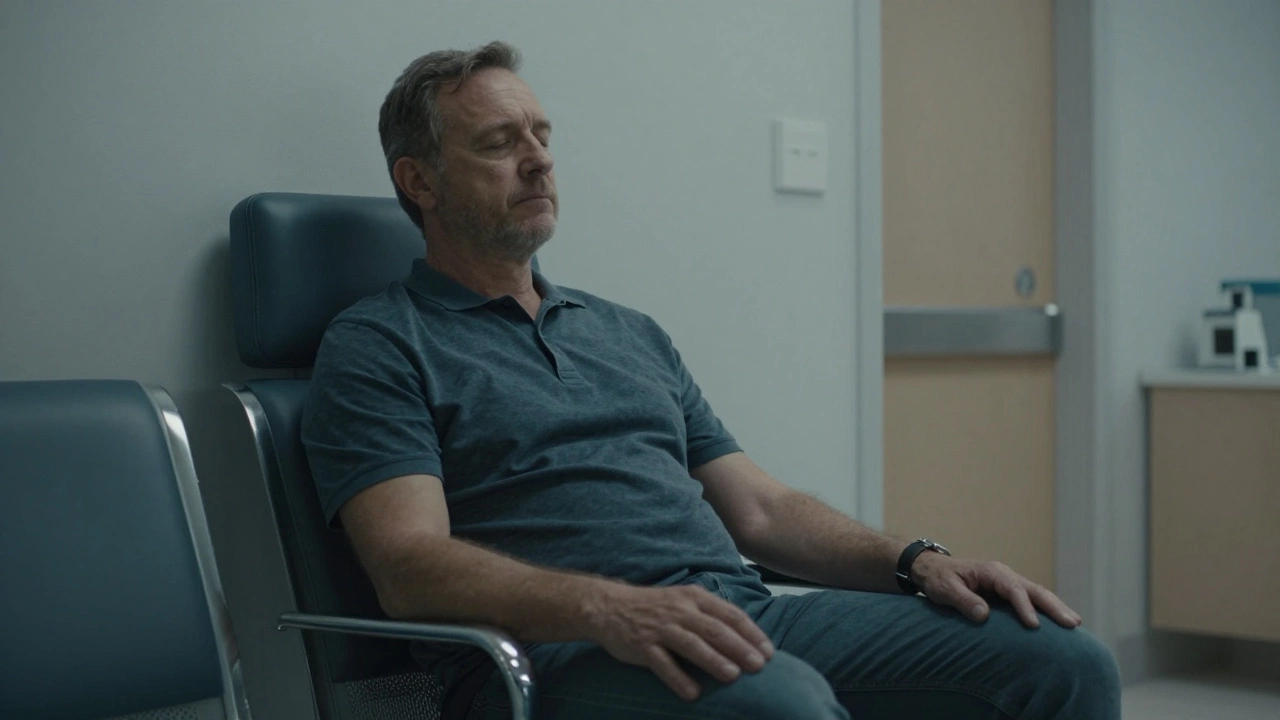 Пациент отдыхает в холле перед медицинским тестом.