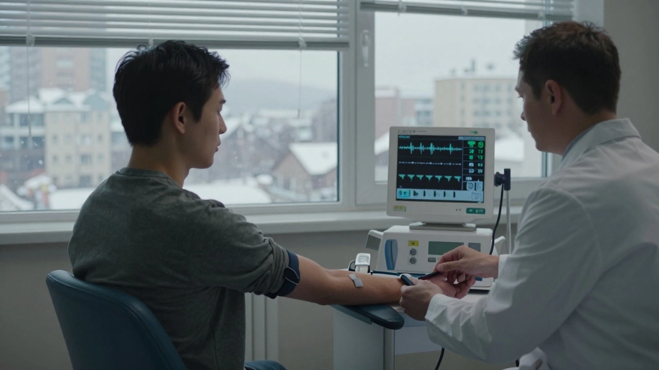 Пациент в клинике во время сдачи анализа крови, за окном — снежный пейзаж Владивостока, на мониторе отображаются результаты BMP.