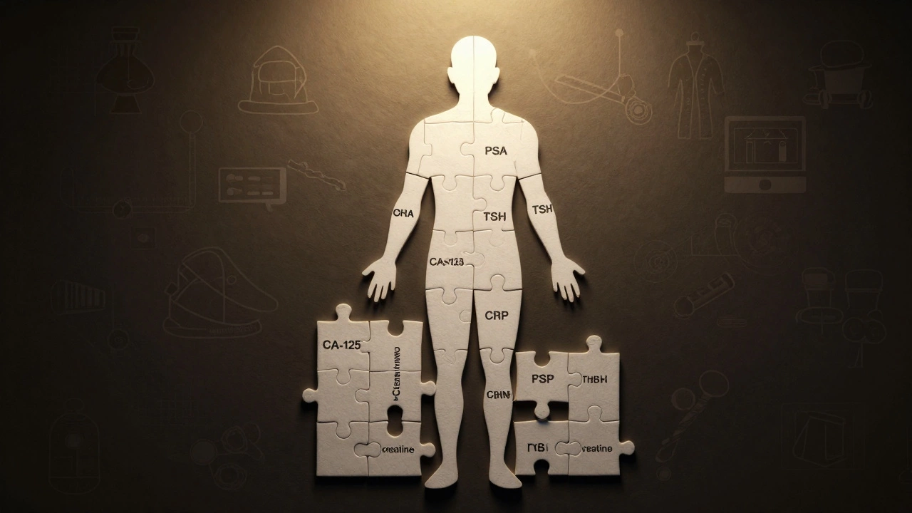 Пазл из лабораторных анализов собирается в силуэт человека, символизируя комплексную диагностику здоровья.