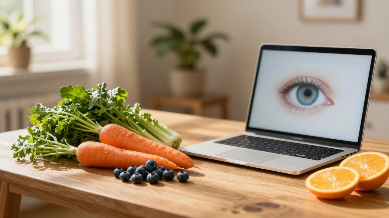 Полезные продукты для здоровья глаз рядом с компьютером