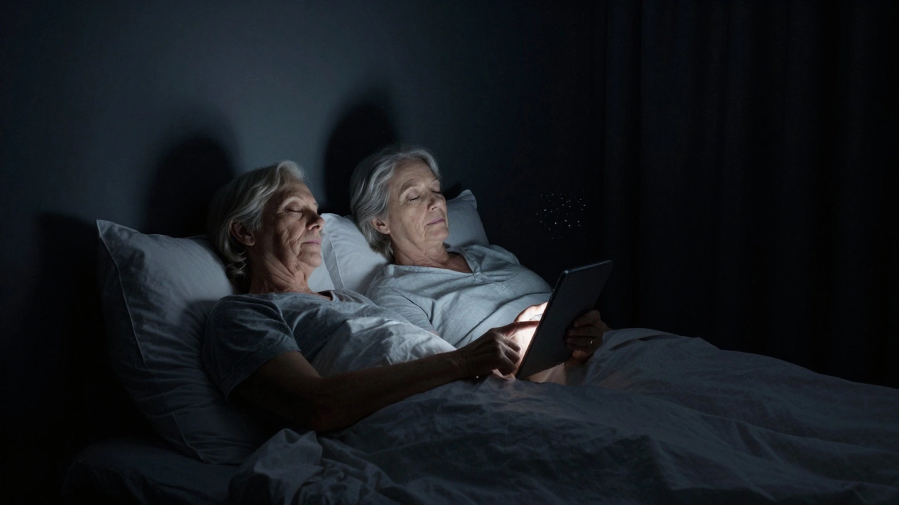 Пожилая пара спит в темной комнате, экран отключен, в комнате тихо и темно.
