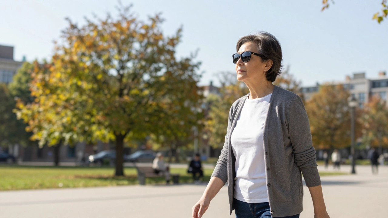 Пожилой человек с солнцезащитными очками смотрит вдаль на дерево после работы за компьютером.