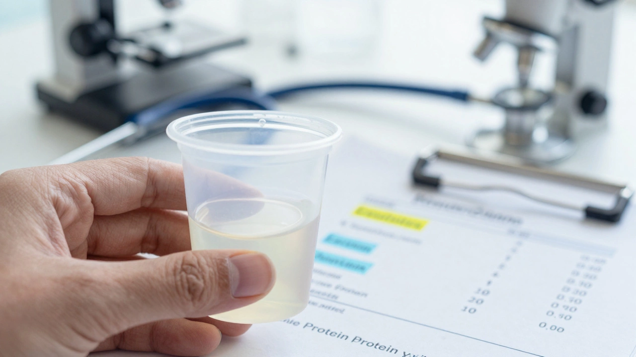 Пробирка с мочой рядом с лабораторным анализом, где выделены белок и глюкоза.