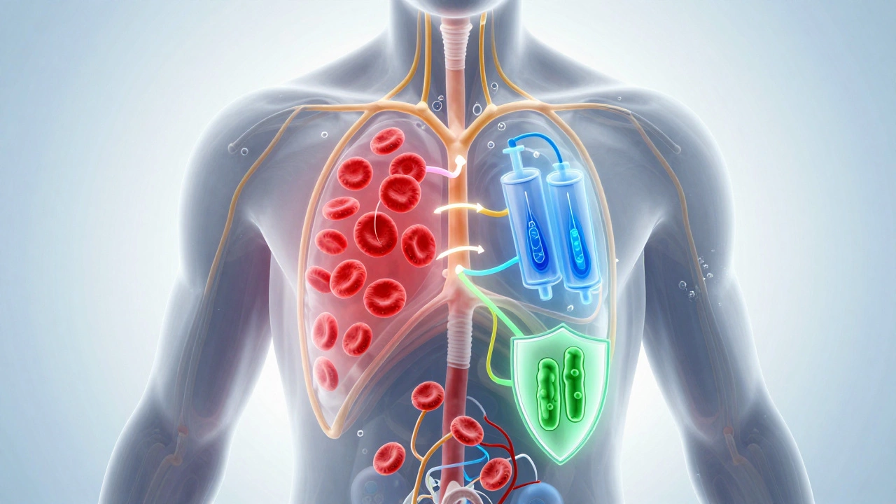 Прозрачное тело человека с четырьмя цветными системами, отражающими типы лабораторных анализов.