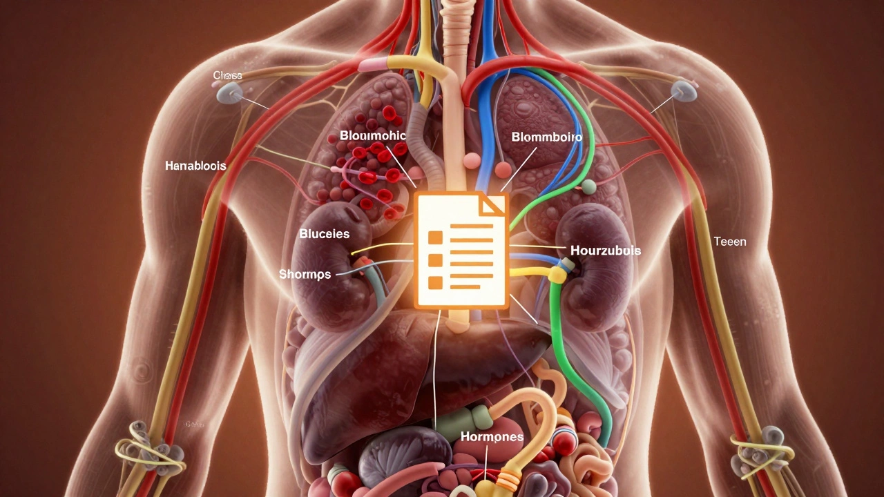 Прозрачное тело человека с потоками, обозначающими ключевые анализы: кровь, сахар, гормоны и функции почек и печени.