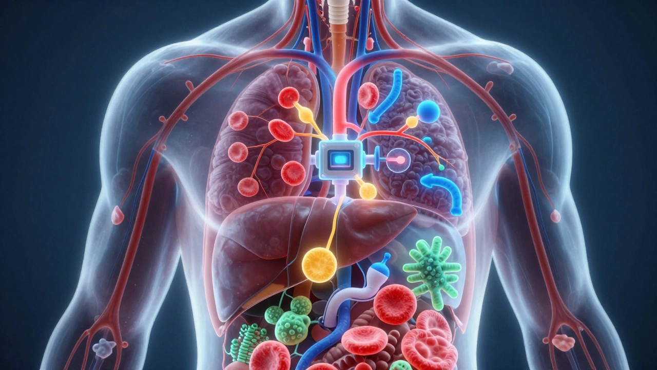 Прозрачное тело человека с внутренними органами, светящимися цветами, обозначающими разные лабораторные анализы.