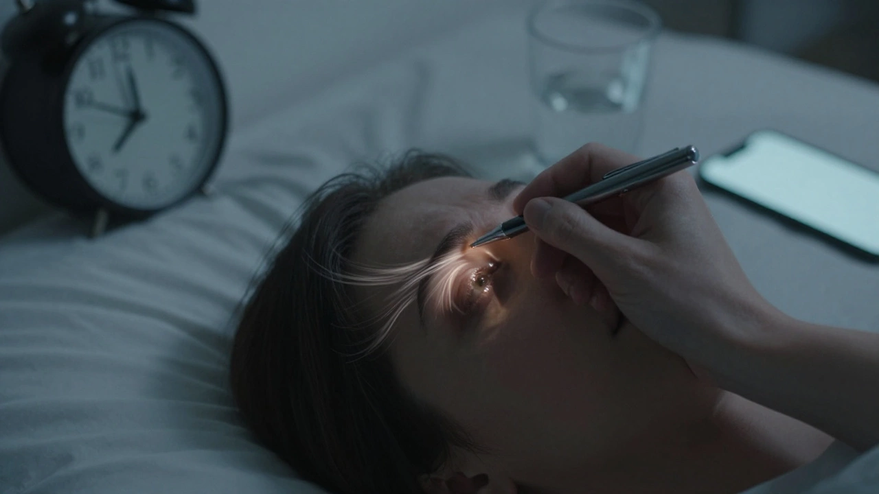 Рука двигает ручку, глаза пытаются за ней следить, на фоне — бессонная ночь и пустой стакан.