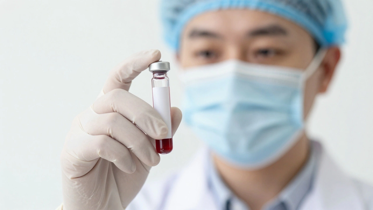 Руки специалиста держат пробирку с биоматериалом в чистой лаборатории.