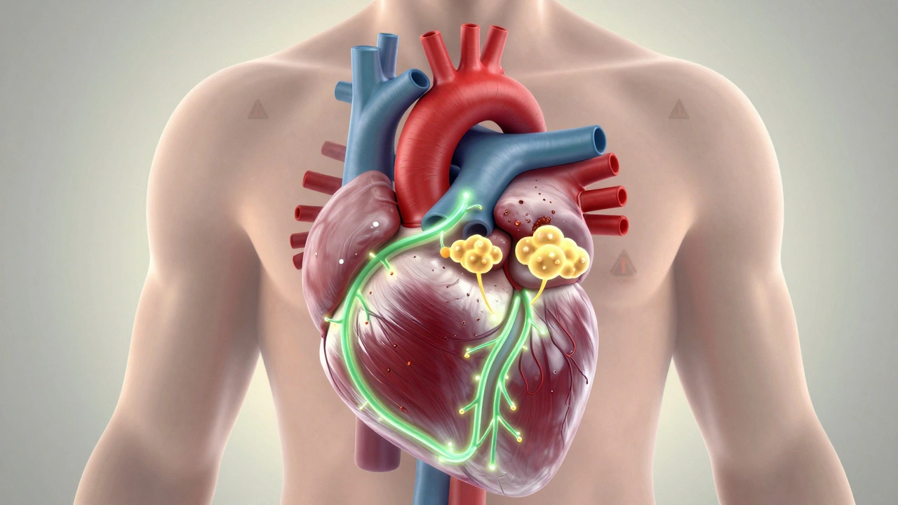 Сердце и артерии с цветовыми обозначениями: зелёные пути ЛПВП, красные бляшки ЛПНП и жёлтые капли триглицеридов.