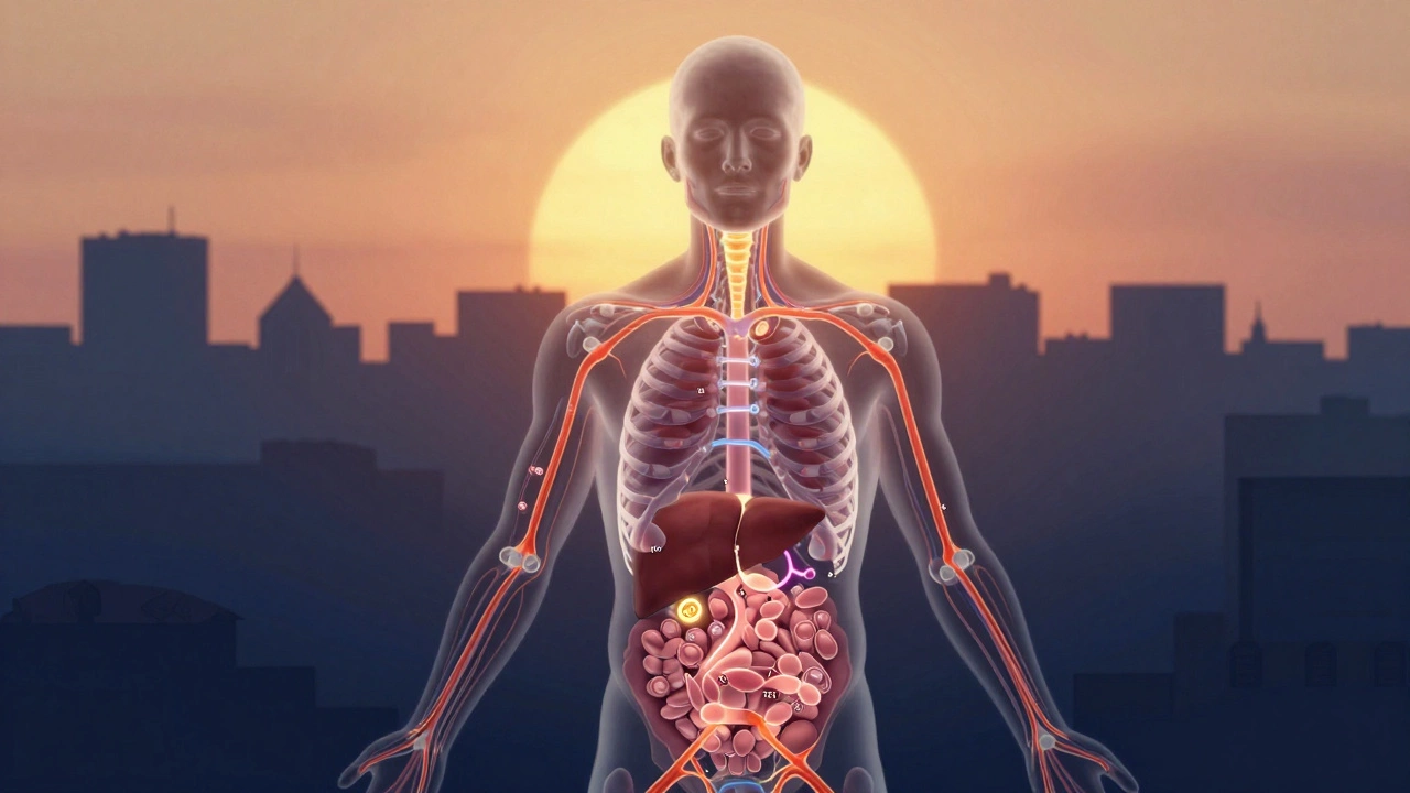 Схема тела с подсвеченными гормонами, активными утром согласно циркадным ритмам.