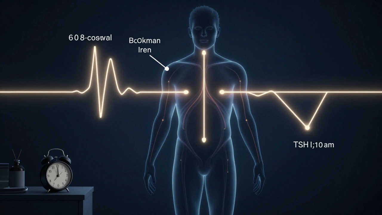 Схема внутренних биологических ритмов человека, показывающая пик кортизола и снижение гормонов в течение дня.
