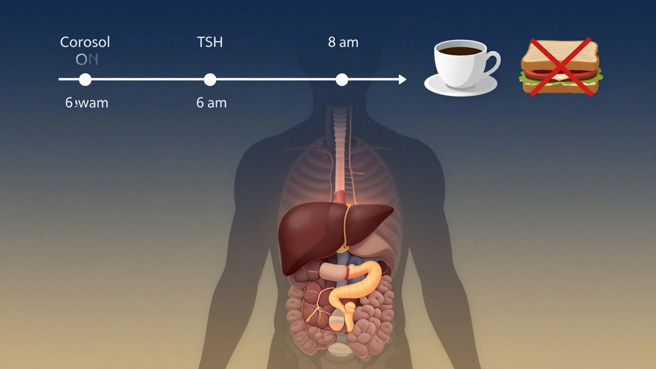 Схематичное изображение внутренних органов с уровнем гормонов кортизола и ТТГ на рассвете.