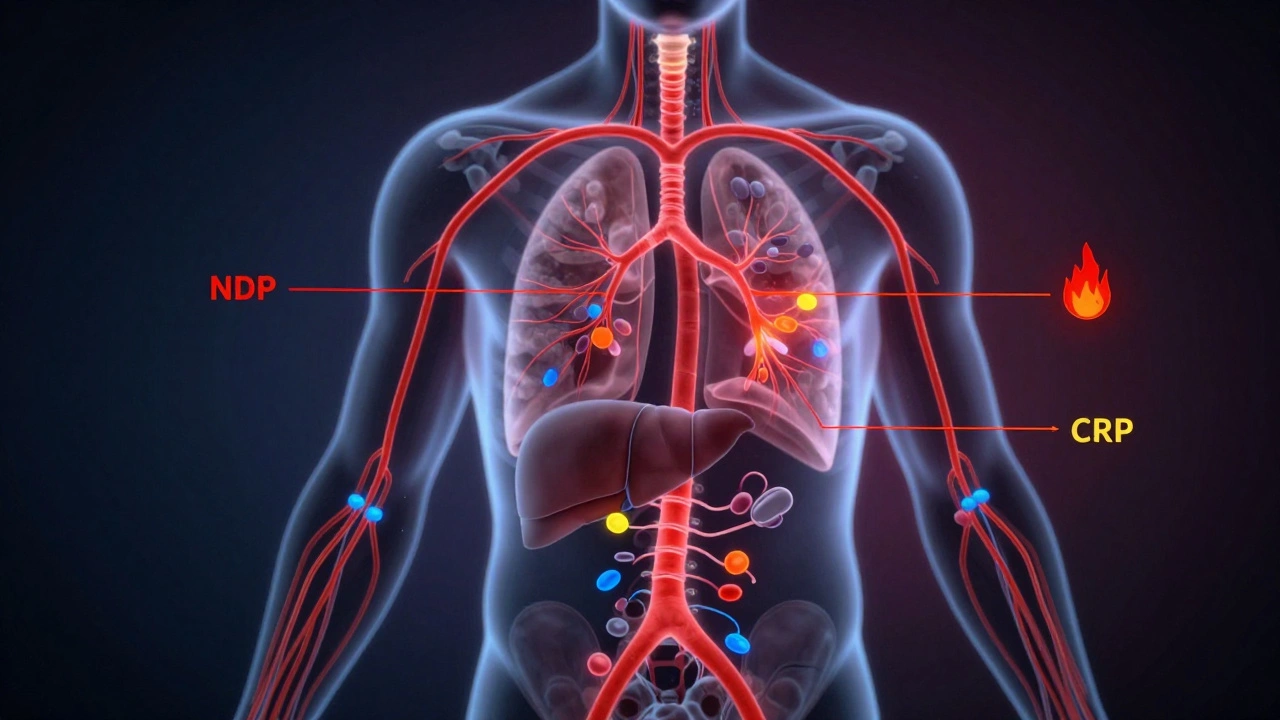 Силуэт человека с подсвеченными кровяными показателями, символизирующими кислород, иммунитет и воспаление.
