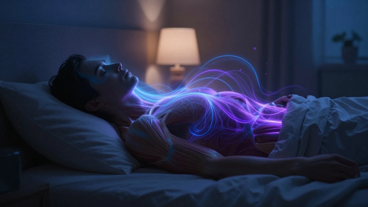 Спящий человек с абстрактными световыми линиями гормона роста