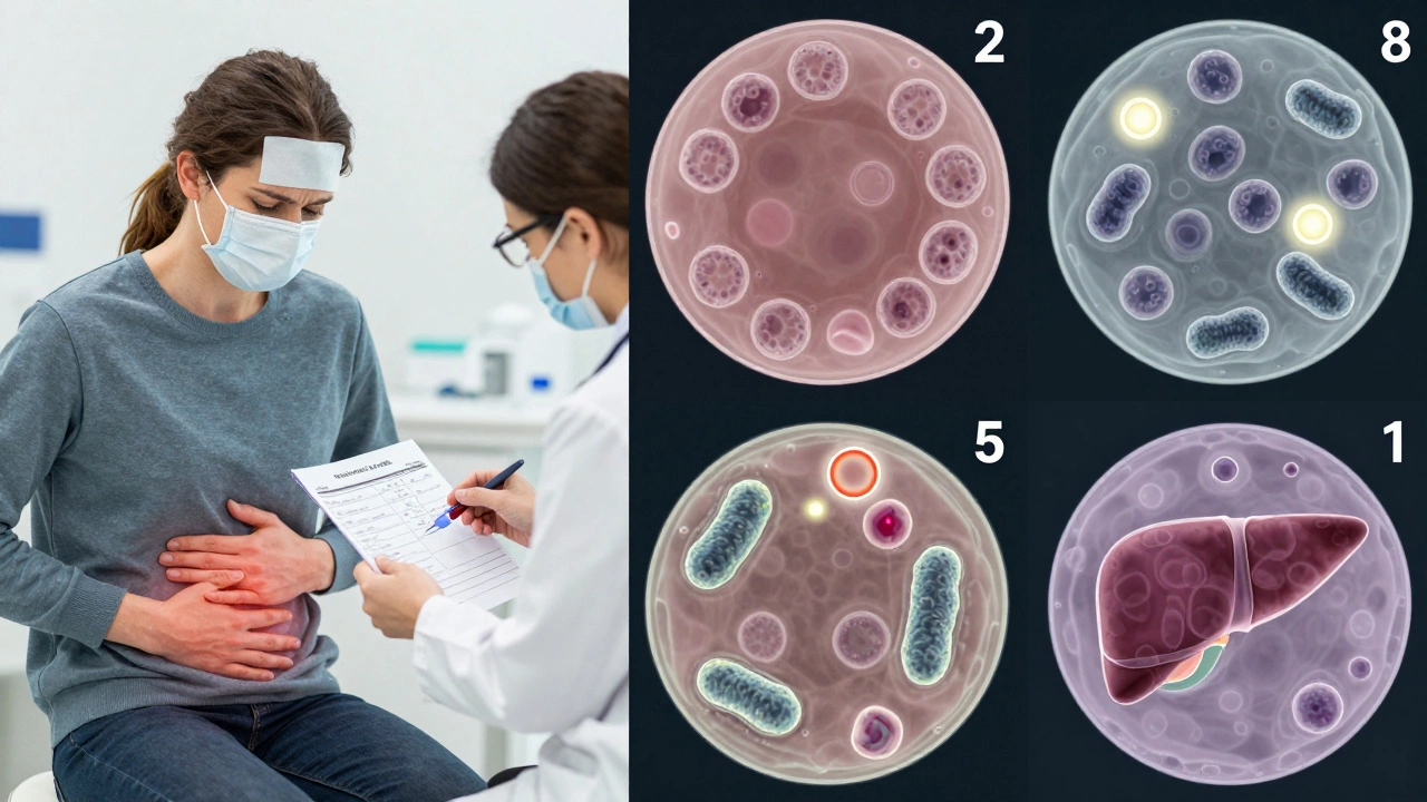 Сравнение симптомов пациента и лабораторных показателей: лейкоциты, бактерии и ферменты печени.