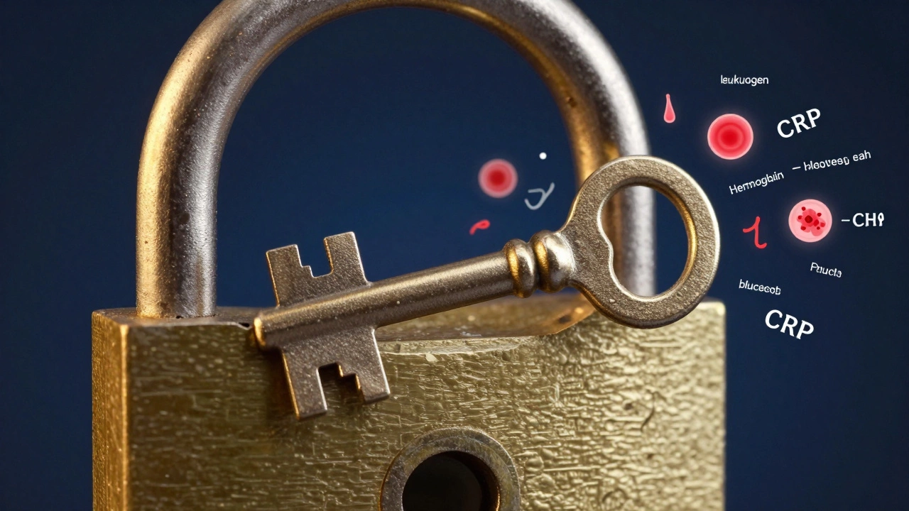 Старинный ключ с зубцами в виде показателей анализа крови, поворачивается в замке, символизируя диагностику здоровья.