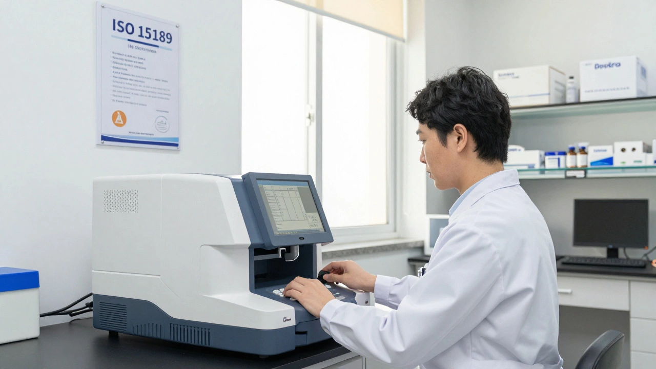 Техник в белом халате калибрует современный анализатор с сертификатом ISO 15189 на стене, чистая и профессиональная обстановка.