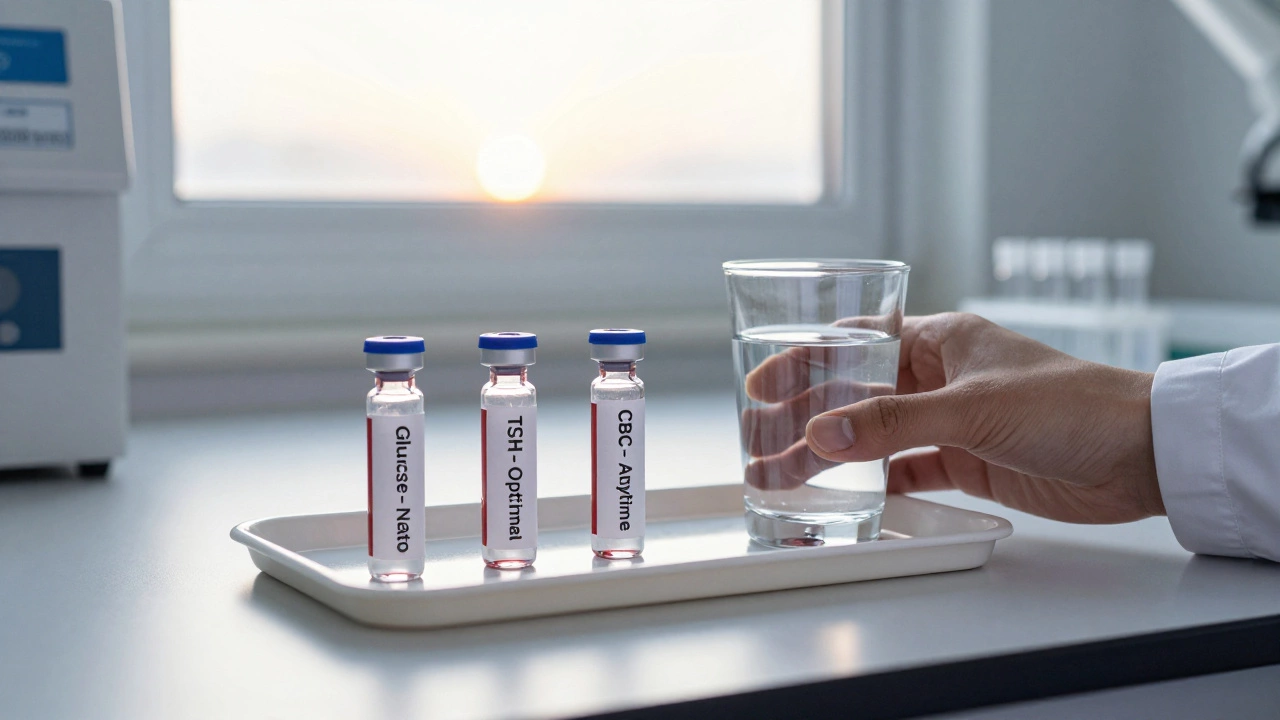 Три пробирки с кровью на лабораторном столе с чашкой воды, утром, без людей и текста.