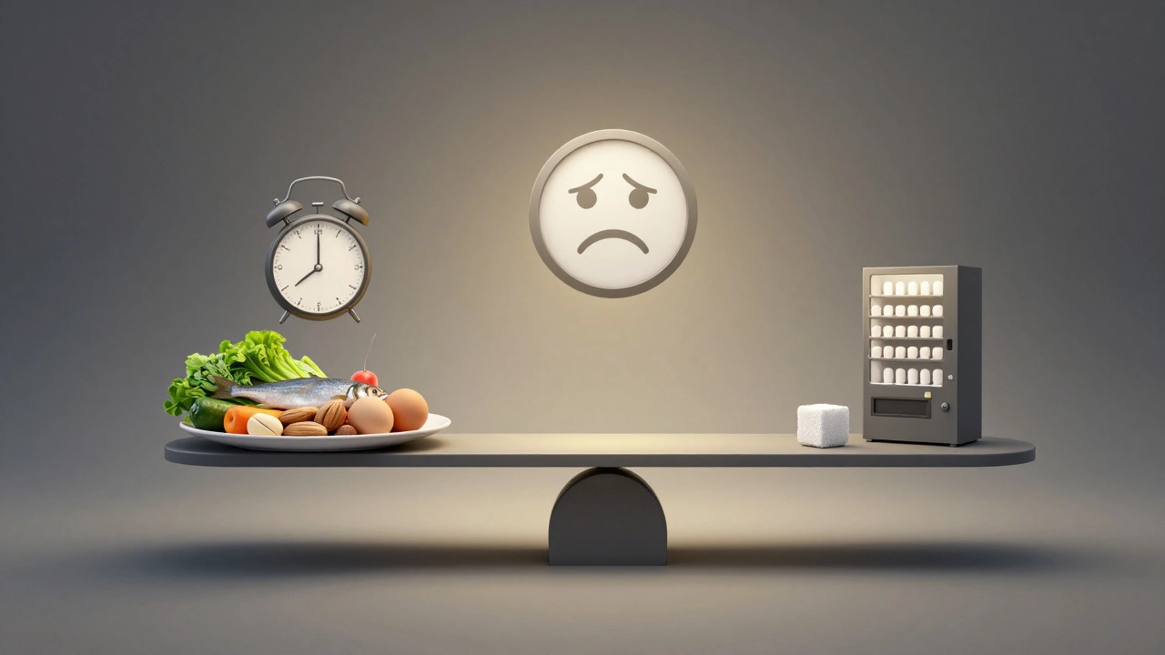 Весы с одной стороны — здоровая пища, с другой — признаки нарушения обмена: недосып, стресс и сахар.