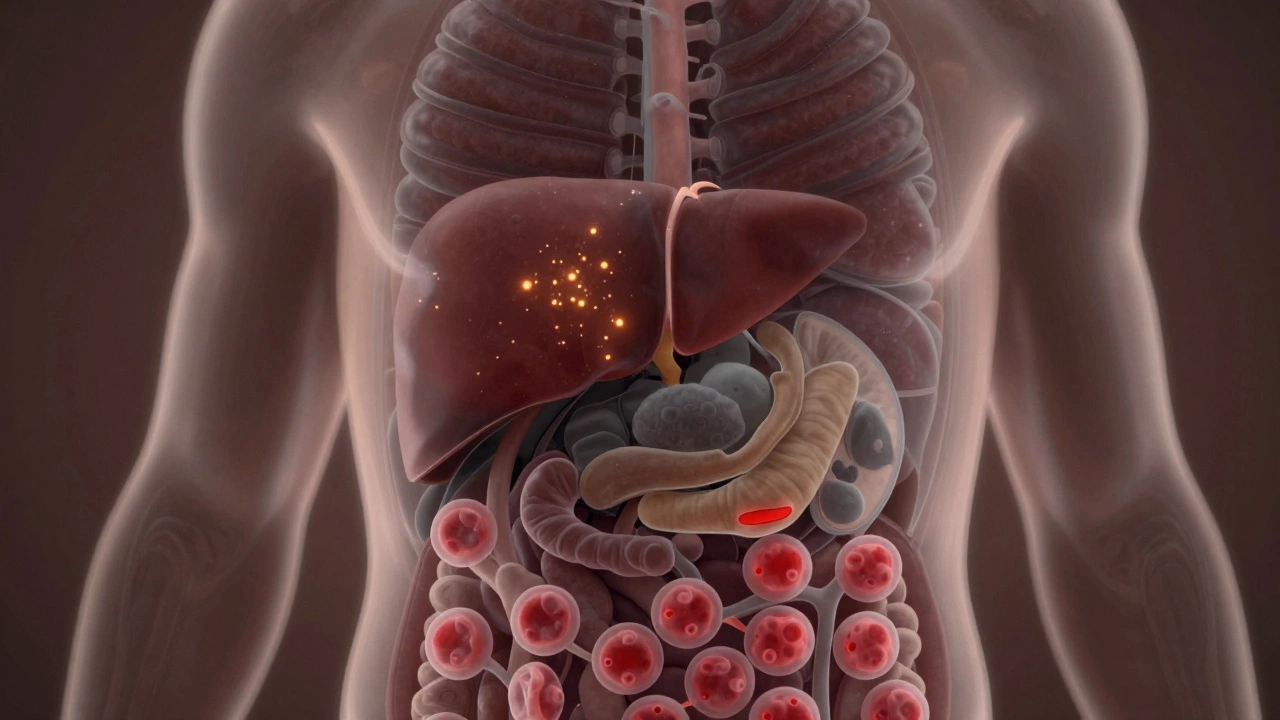 Внутренние органы с захваченным железом и производством бледных эритроцитов