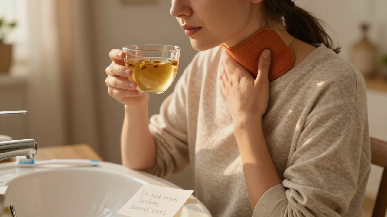 Женщина пьёт тёплый ромашковый чай, на шее тёплый компресс, зубная щётка лежит без полоскания.