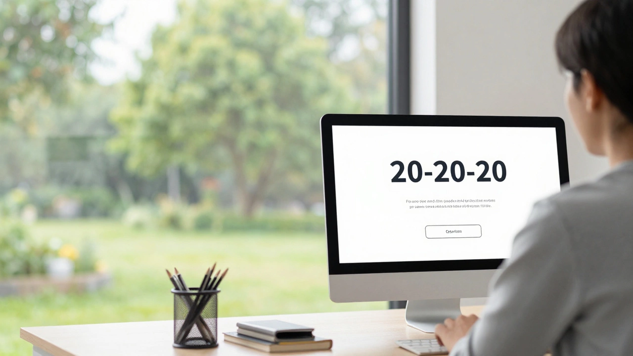 Человек делает перерыв в работе за компьютером, глядя в окно на зеленые деревья