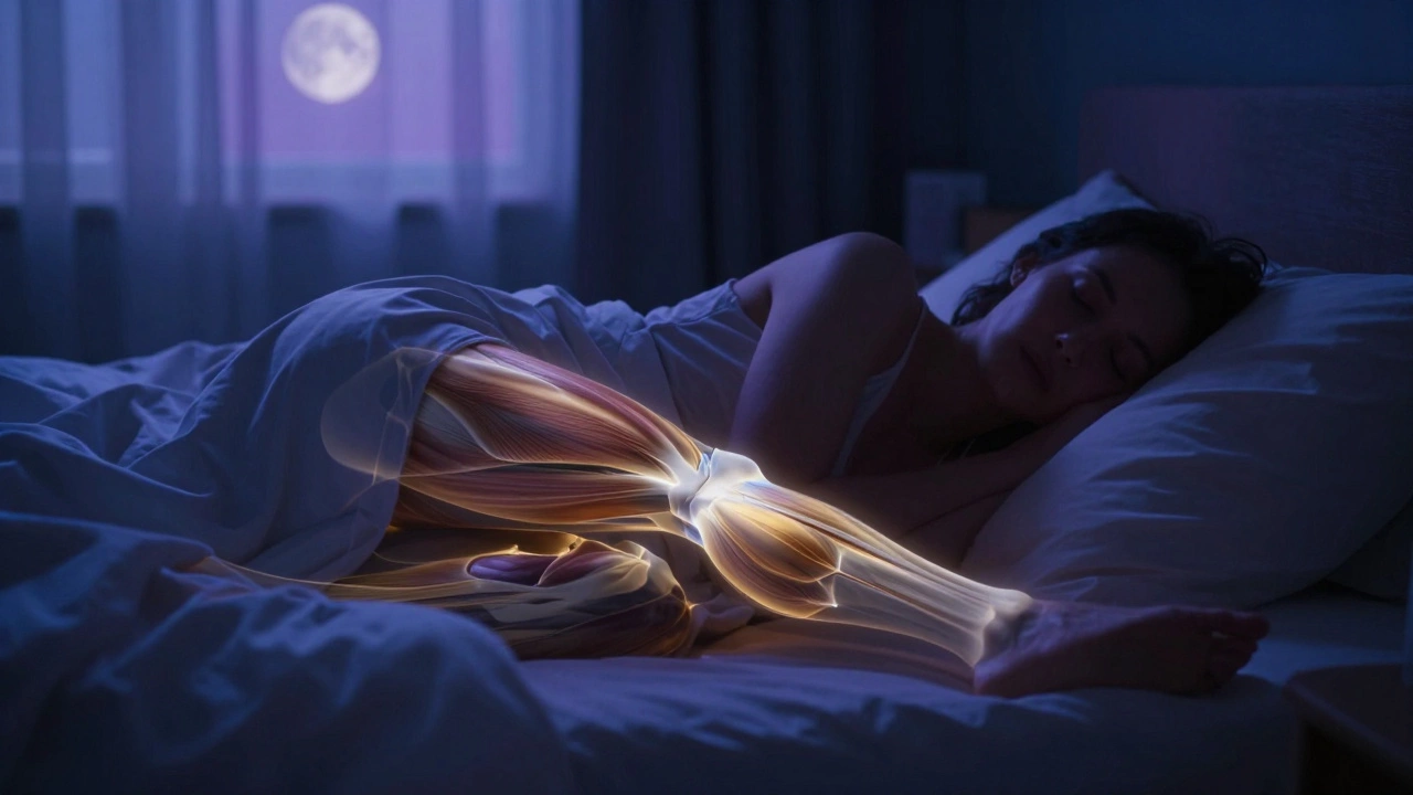 Человек спит, а его мышцы подсвечены золотистым светом процесса восстановления