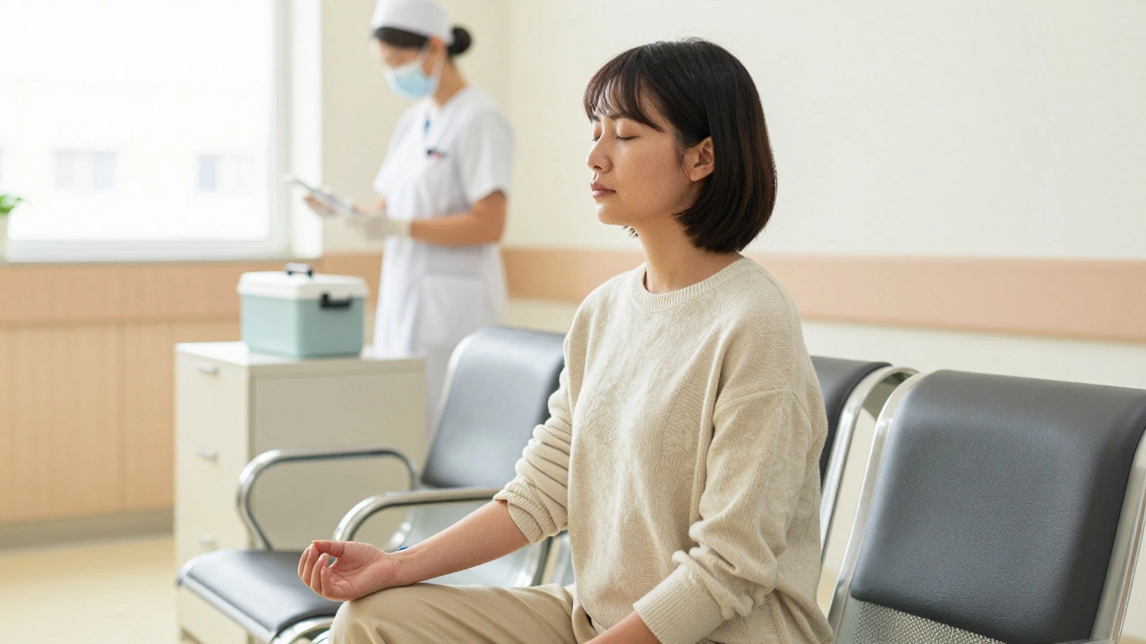 Человек спокойно отдыхает в клинике перед забором крови для точности анализа