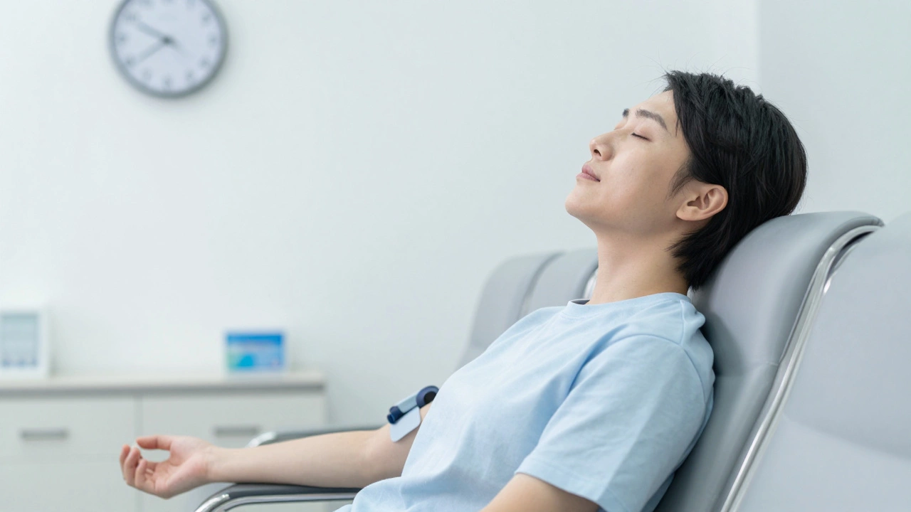 Человек спокойно отдыхает в приемной клиники перед анализом