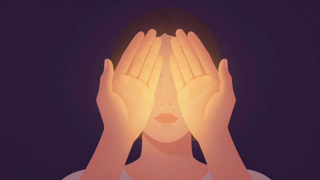 Человек закрывает глаза теплыми ладонями для расслабления