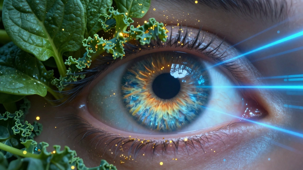 Концептуальное изображение глаза, защищенного зелеными листьями и золотистыми частицами