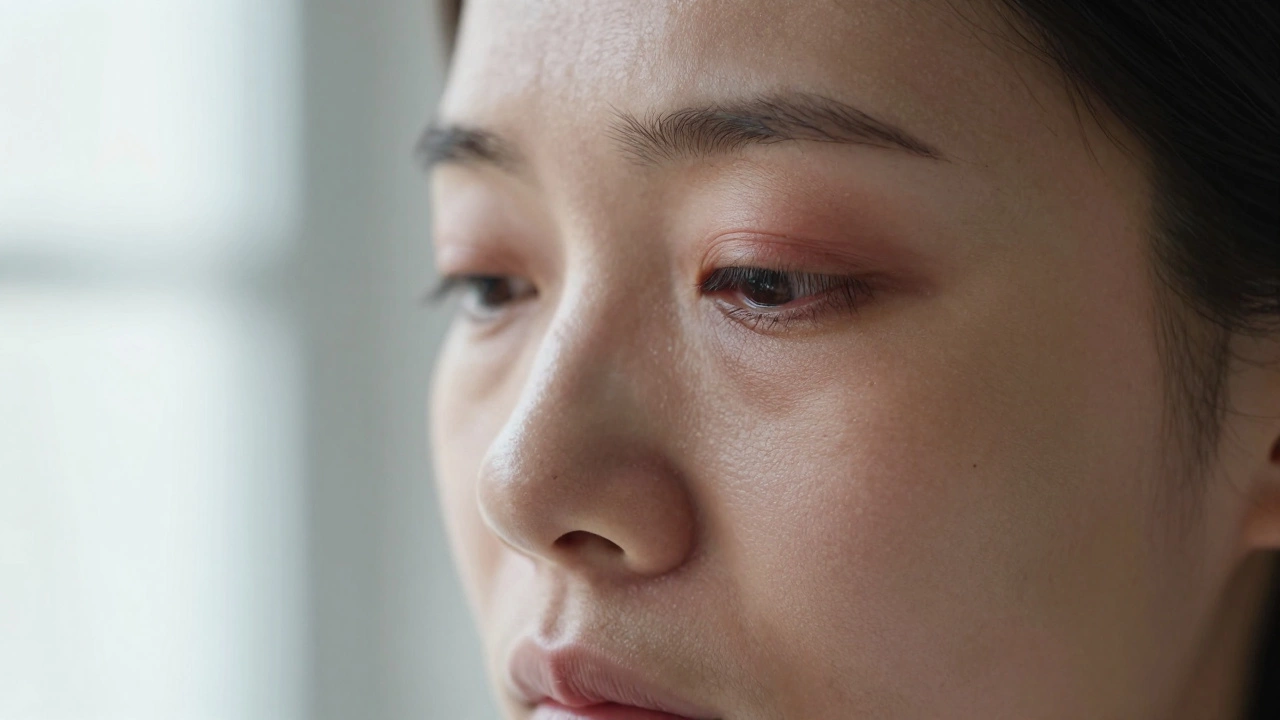 Крупный план лица человека с утренними отеками вокруг глаз и признаками усталости