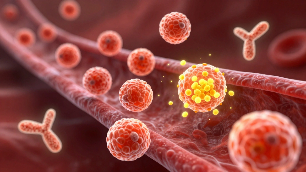 Микроскопическая иллюстрация эозинофилов и антител IgE, атакующих пыльцу