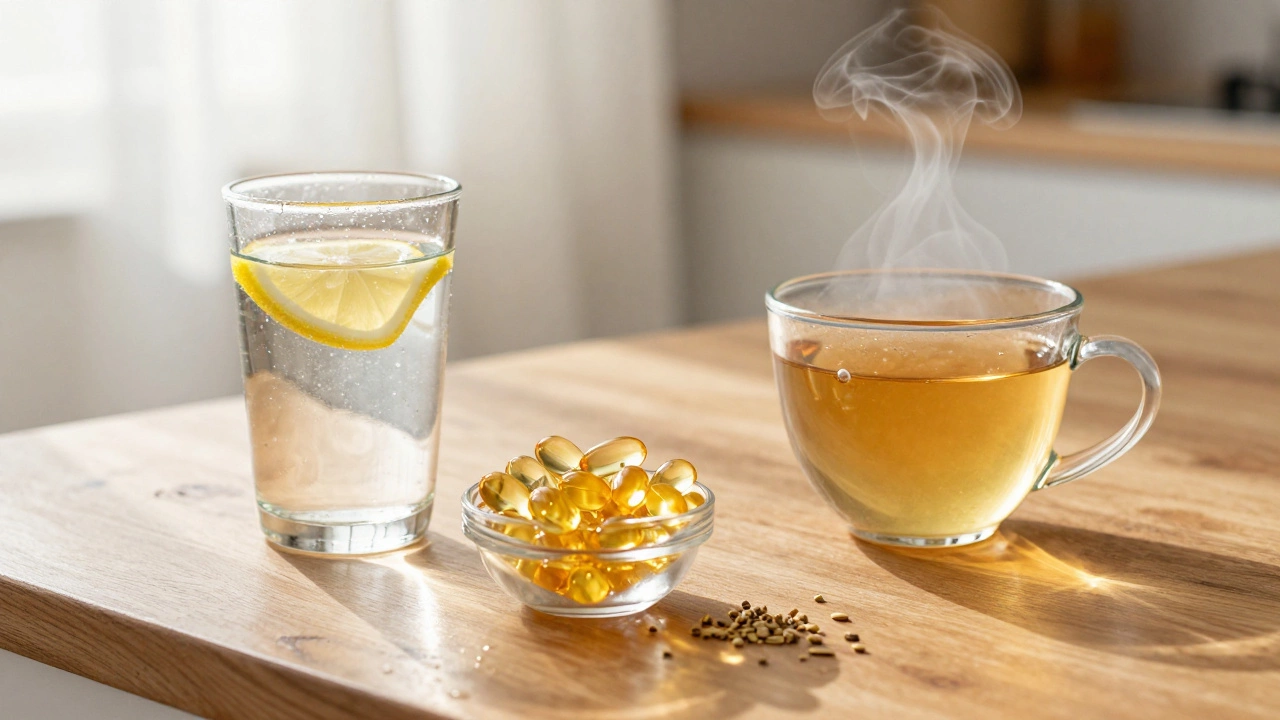 Набор полезных напитков для зрения: вода с лимоном, чай и Омега-3