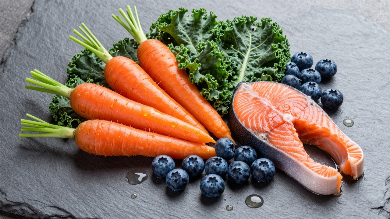 Натюрморт из полезных продуктов для зрения: морковь, кейл, черника и лосось