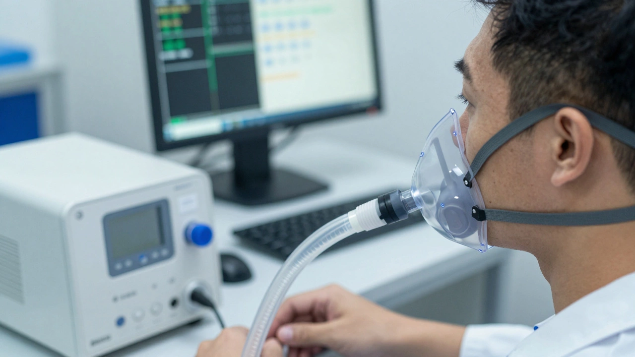 Пациент носит маску для измерения расхода кислорода и углекислого газа.