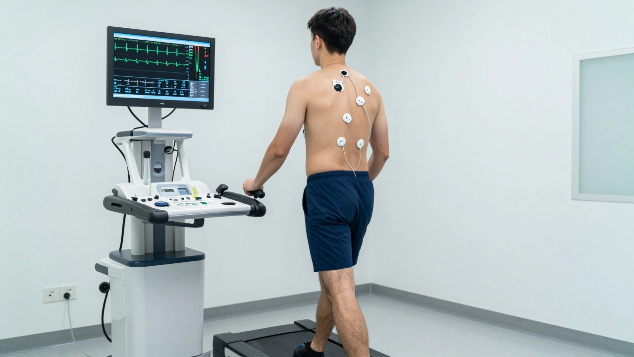 Пациент проходит тредмил-тест с мониторингом ЭКГ в современном кардиологическом кабинете
