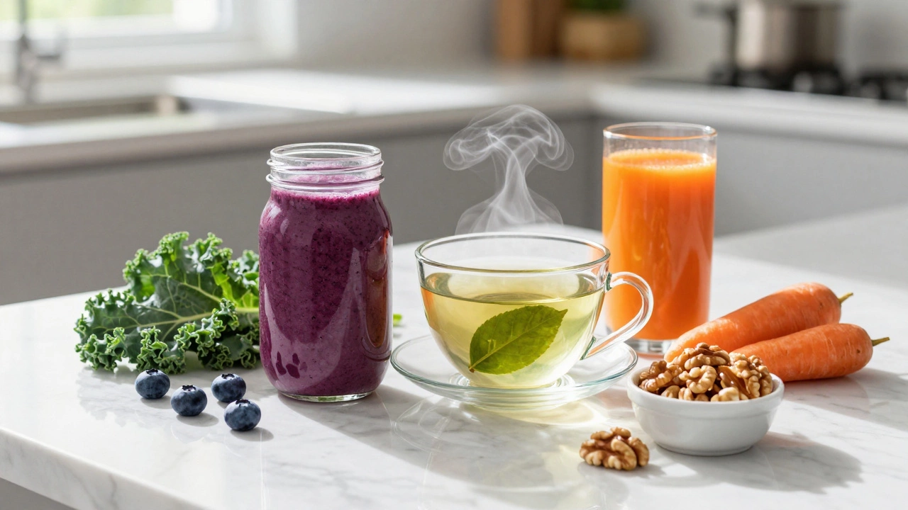 Полезные напитки для зрения: черничный смузи, зеленый чай и морковный сок